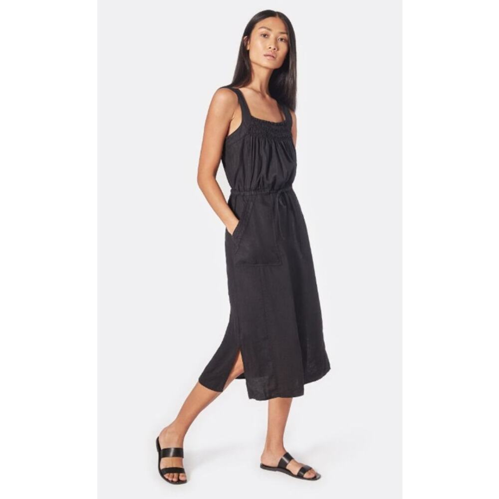 Joie Black Linen Smocked Midi Dress Tie Waist Minimal Chic